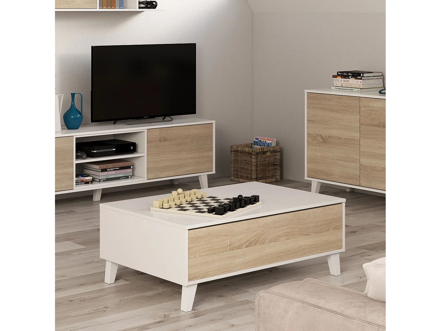 Table Basse Relevable Kira Couleur Chêne/Blanc, 100 cm Largeur