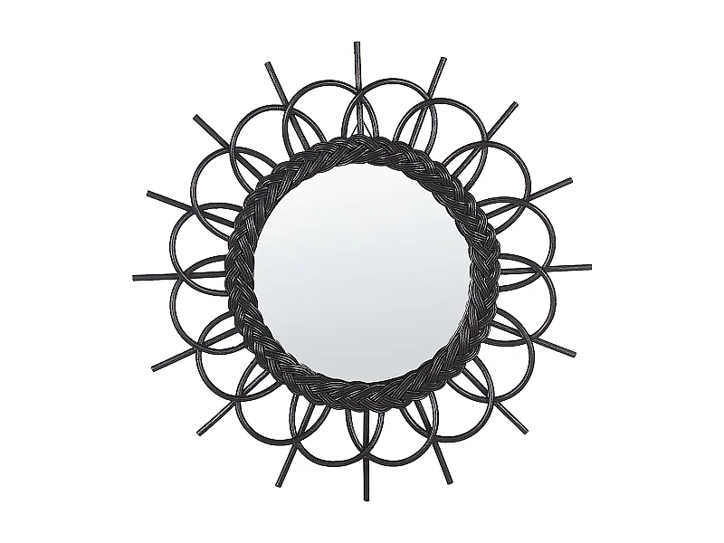 Wandspiegel schwarz aus Rattan in Sonnenform mit Zopfmuster rund 60 cm Telakia