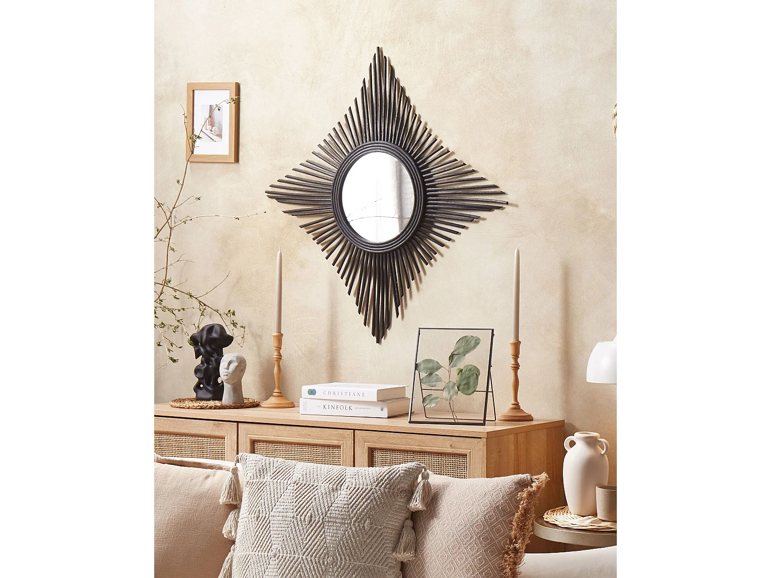 Wandspiegel schwarz aus Rattan dekorativ Rautenform Boho Modern 60x60 cm Majene