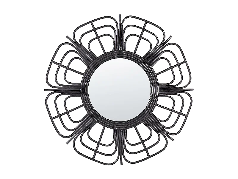 Dekorativer Wandspiegel schwarz aus Rattan Sonnenform rund Boho 60 cm Pasaku