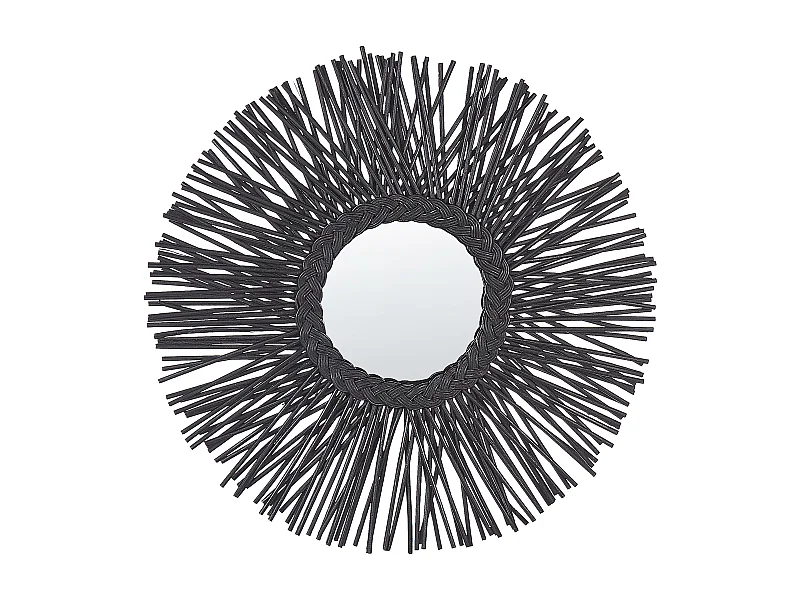 Wandspiegel schwarz aus Rattan in Sonnenform mit Zopfmuster rund 60 cm Kalasin