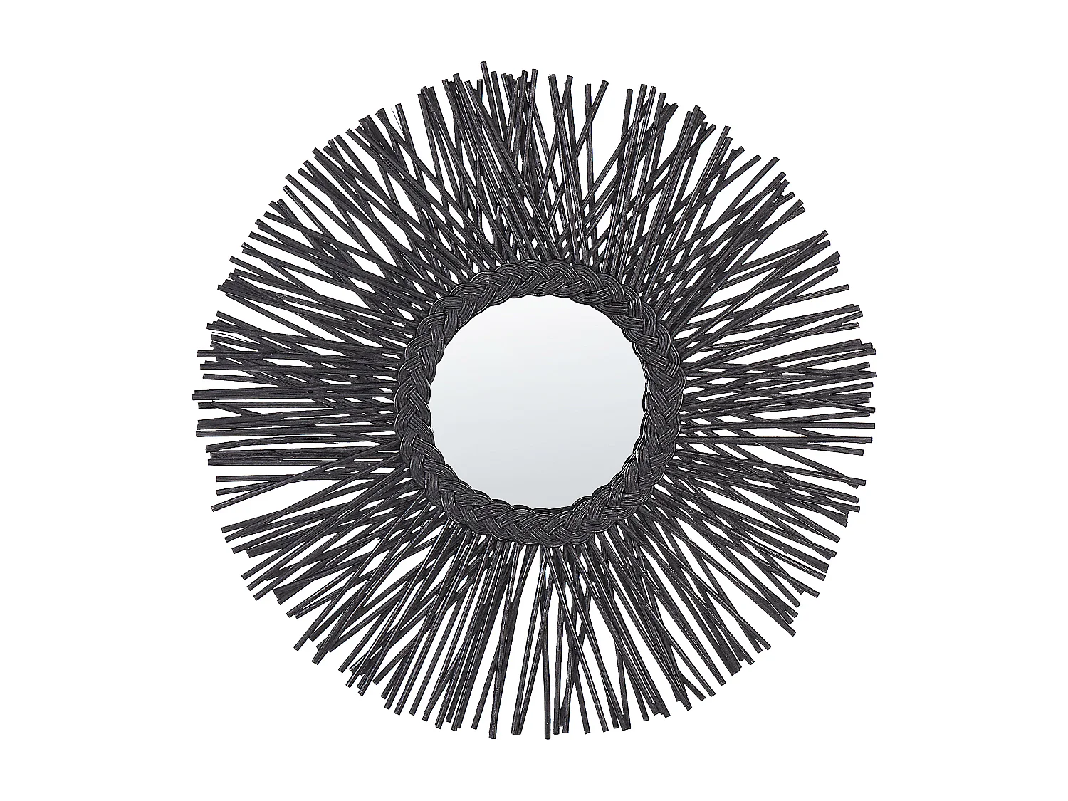 Wandspiegel schwarz aus Rattan in Sonnenform mit Zopfmuster rund 60 cm Kalasin