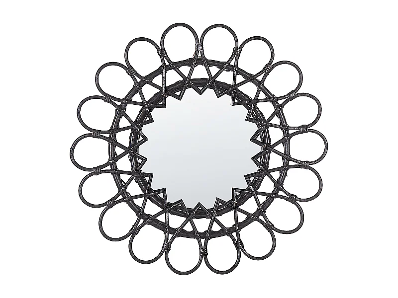Origineller Wandspiegel schwarz aus Rattan in Sonnenform rund Boho 60 cm Babai