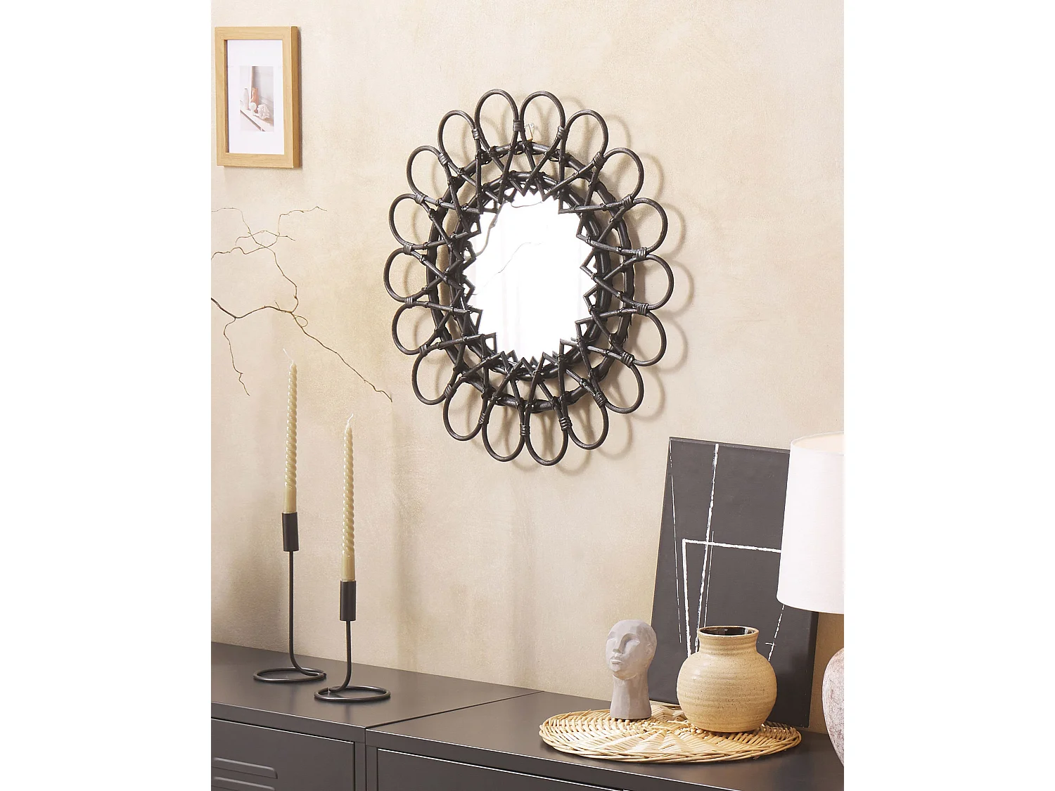 Specchio BABAI 60 cm 60 cm Rattan Nero