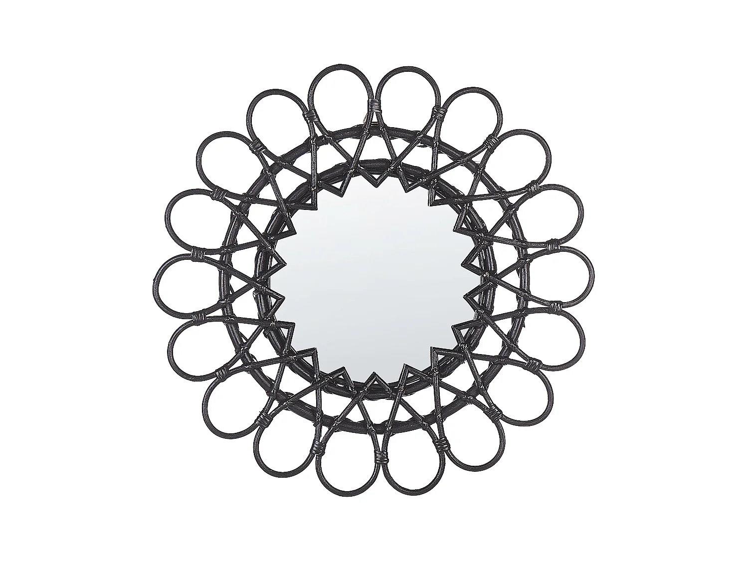Origineller Wandspiegel schwarz aus Rattan in Sonnenform rund Boho 60 cm Babai
