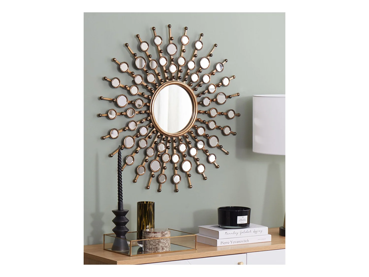 Wandspiegel im Retro Stil rund 70 cm Sonnenmuster gold Blois