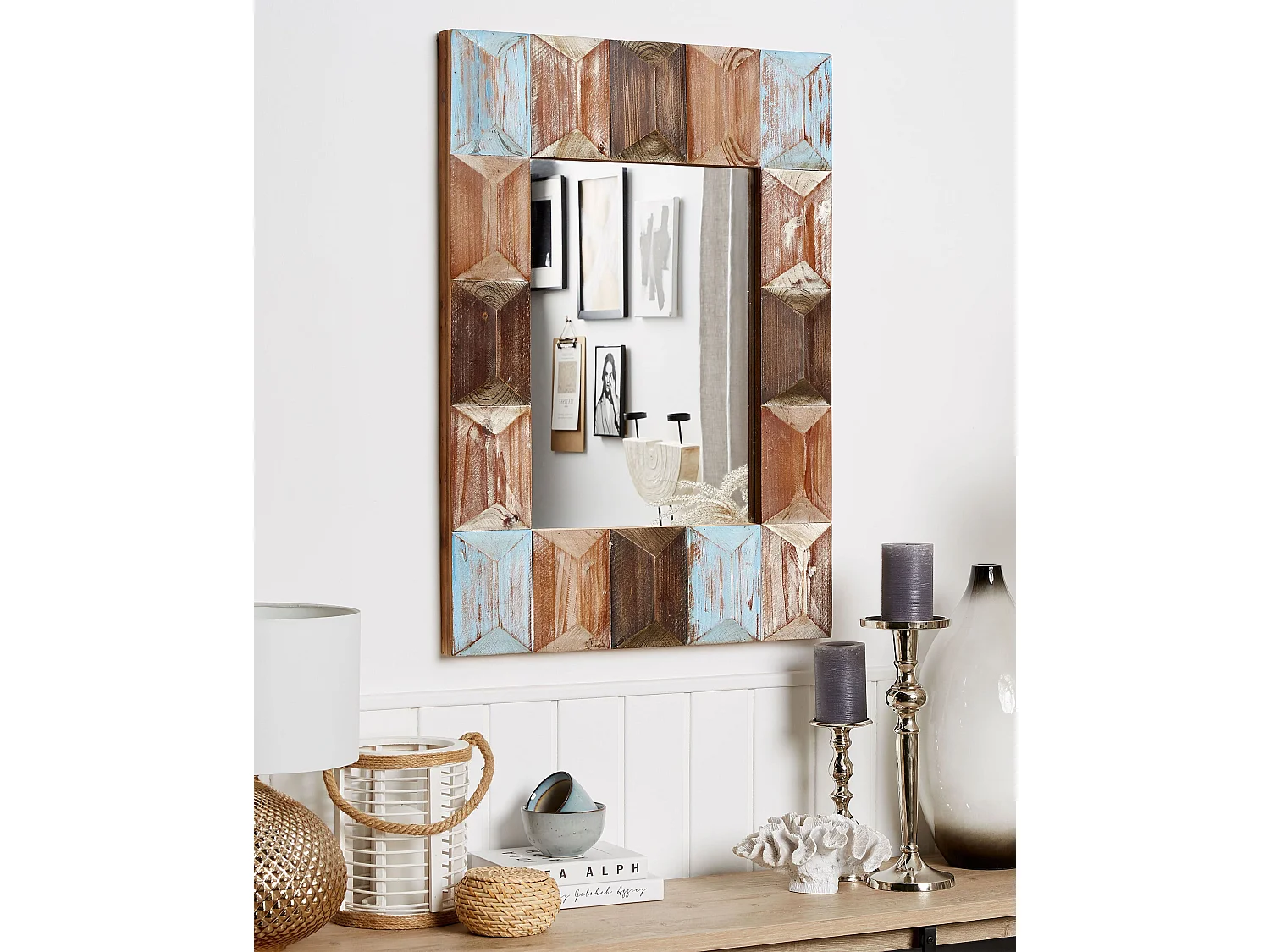 Rechteckiger Wandspiegel mit breitem Rahmen aus Holz bunt 63 x 90 cm Hizote