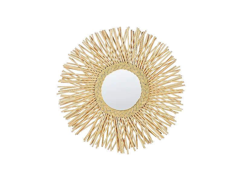 Origineller Wandspiegel natürlich aus Rattan Sonnenform rund Boho 60 cm Kalasin