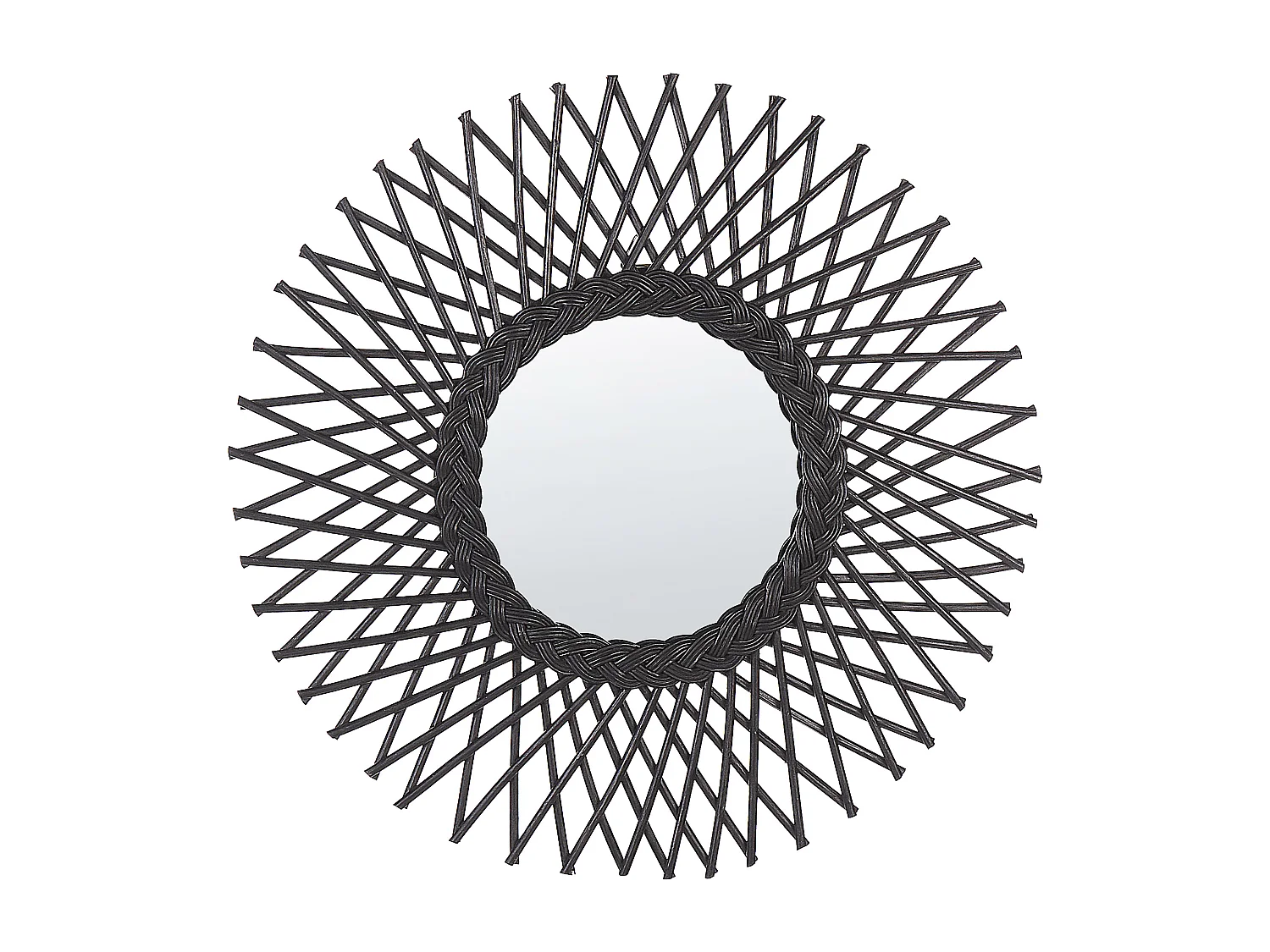 Dekorativer Wandspiegel schwarz aus Rattan Sonnenform rund Boho 60 cm Tagolu