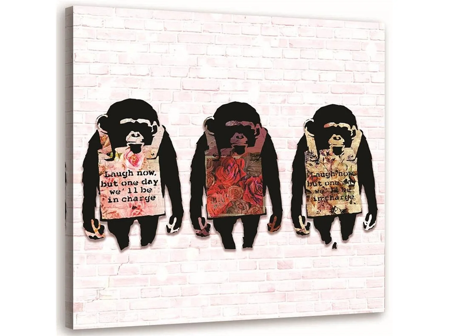 Tableau Banksy murale 3 singes texte - 40 x 40 cm