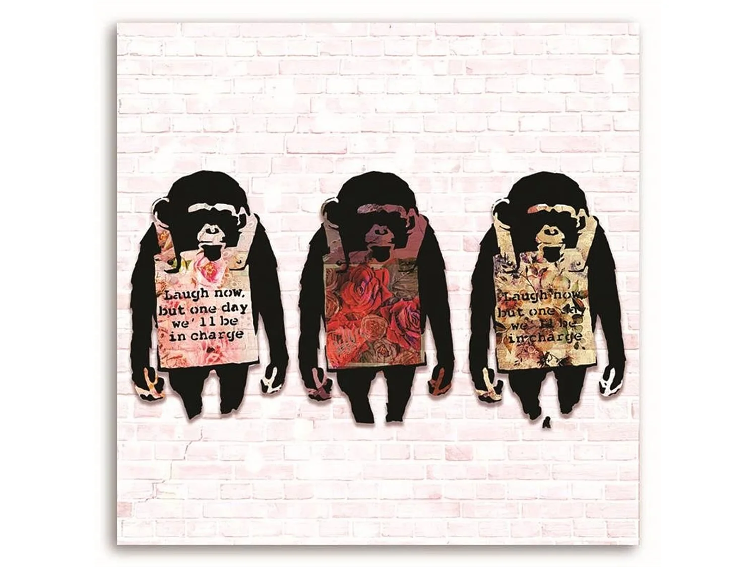 Tableau Banksy murale 3 singes texte - 40 x 40 cm