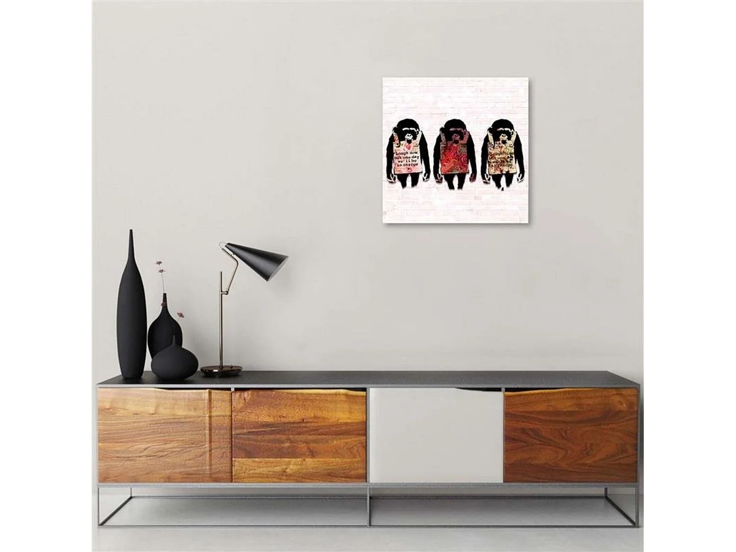 Tableau Banksy murale 3 singes texte - 40 x 40 cm