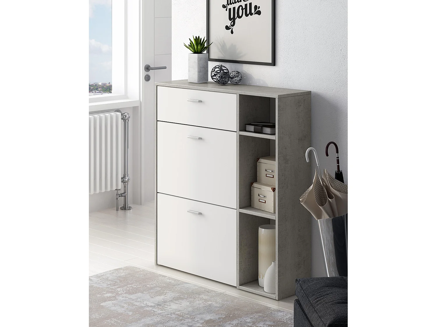 Zapatero Furniture, Windmodel, 90x26x101.5cm, TEGROEP HALL EN HALL, Cement en wit, Moderne stijl