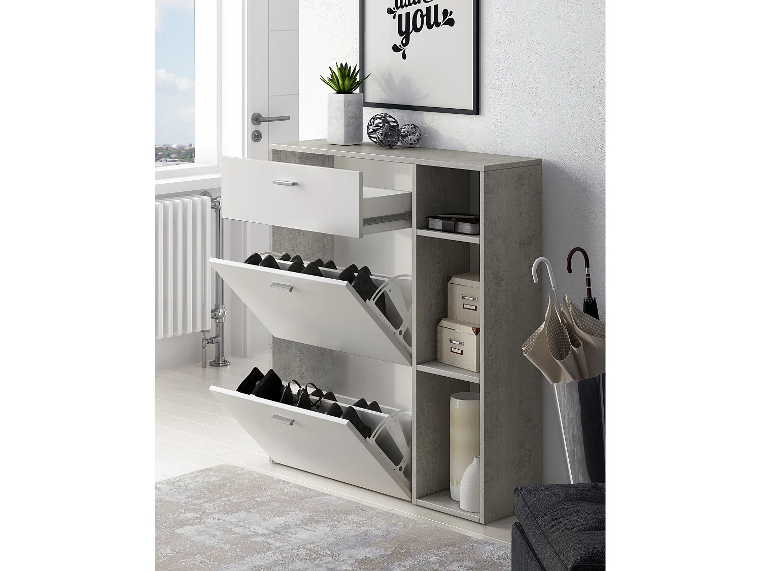 Zapatero Furniture, Windmodel, 90x26x101.5cm, TEGROEP HALL EN HALL, Cement en wit, Moderne stijl