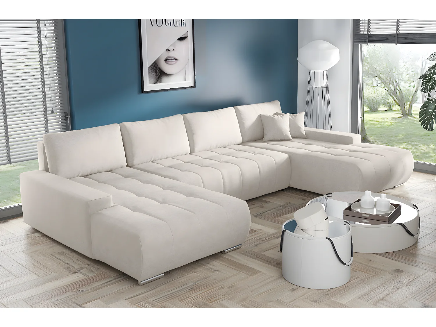 Canapé panoramique convertible BELUTI en tissu beige