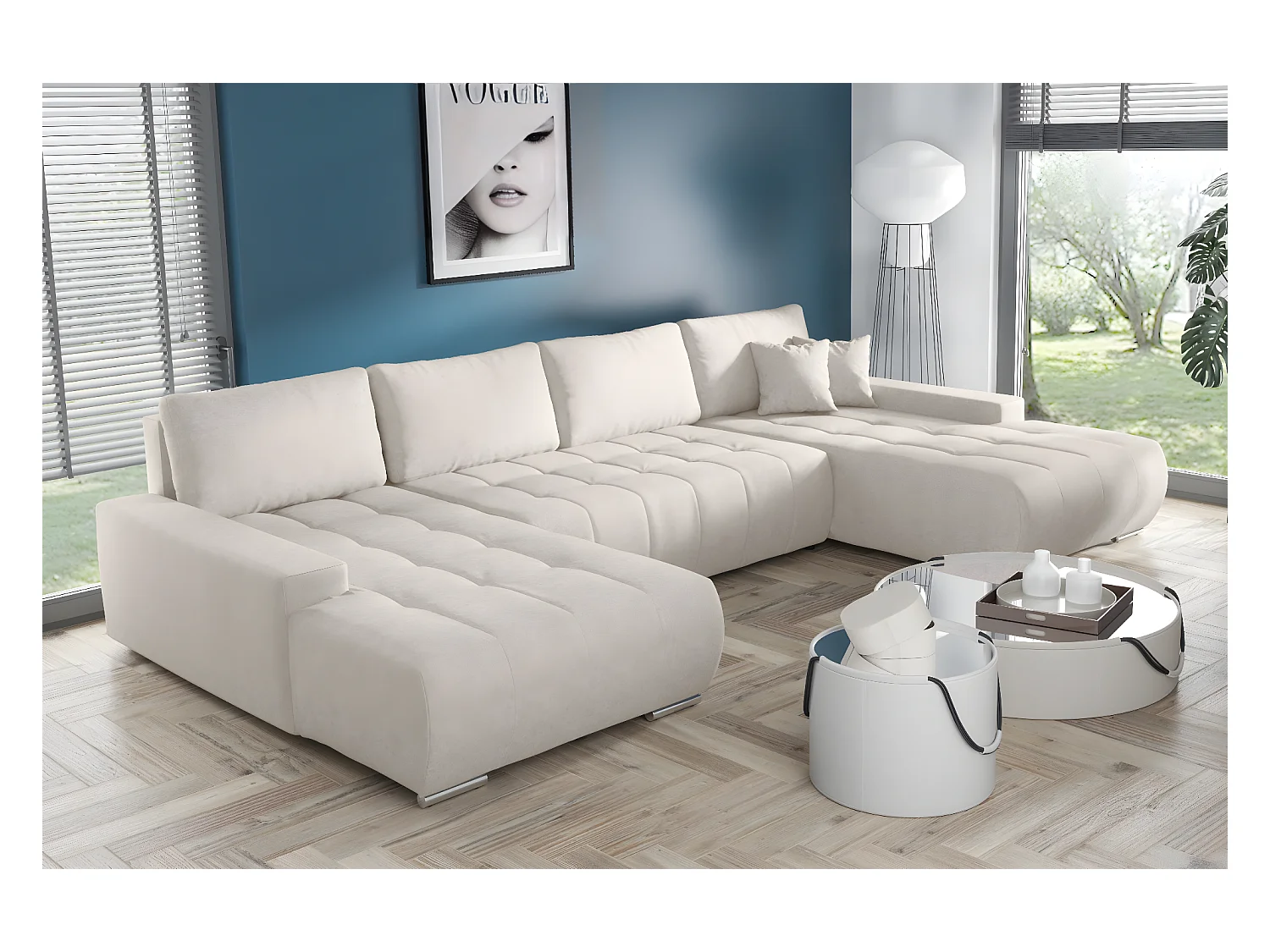 Canapé panoramique convertible BELUTI en tissu beige