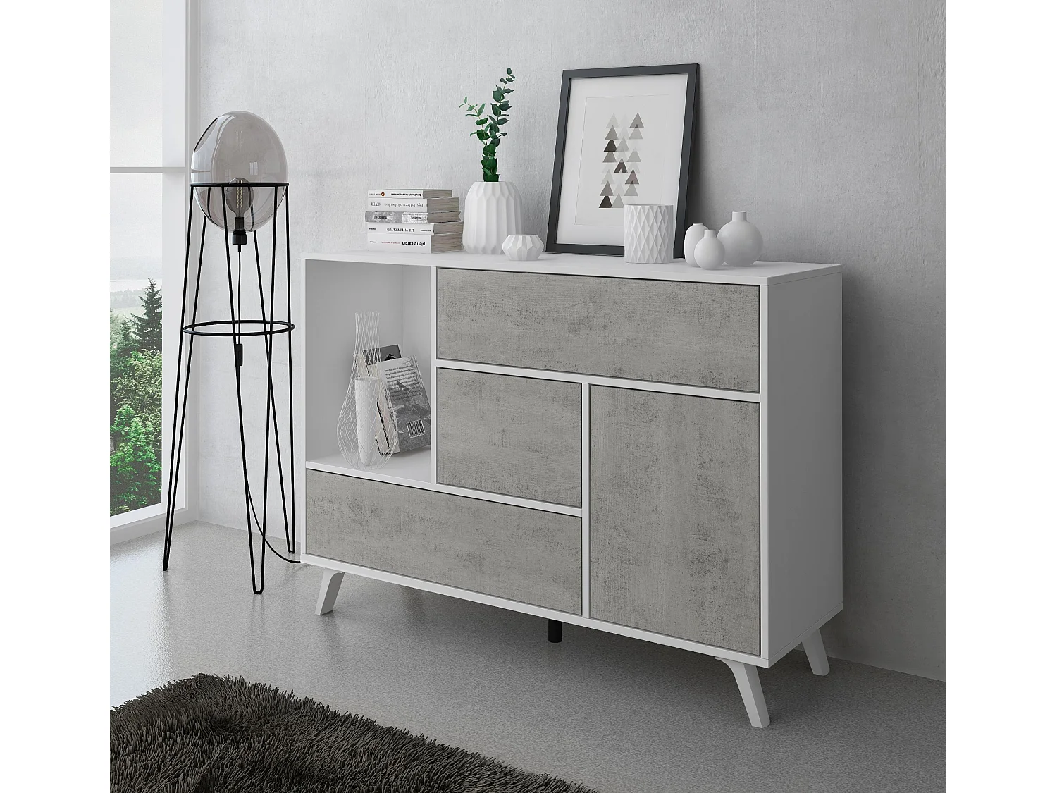 Sabreess Furniture - Buffet, Windmodel, 120x40x86 cm, Woonkamer, hal, kantoor, Wit en cement, Moderne stijl