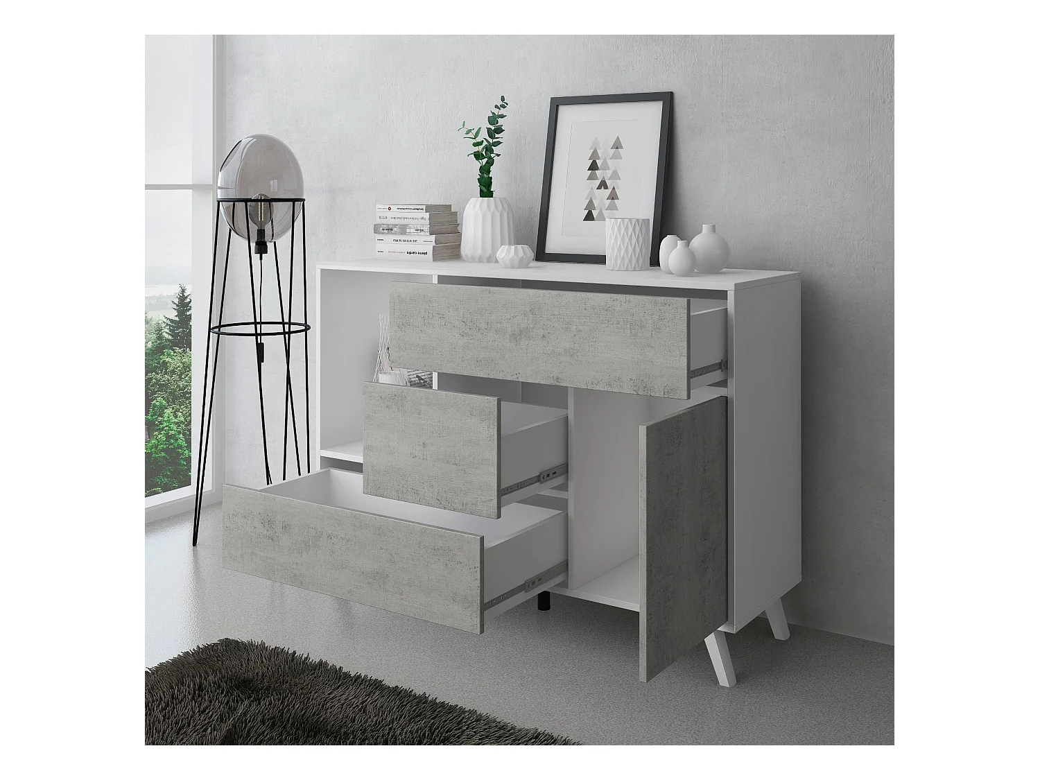 Sabreess Furniture - Buffet, Windmodel, 120x40x86 cm, Woonkamer, hal, kantoor, Wit en cement, Moderne stijl