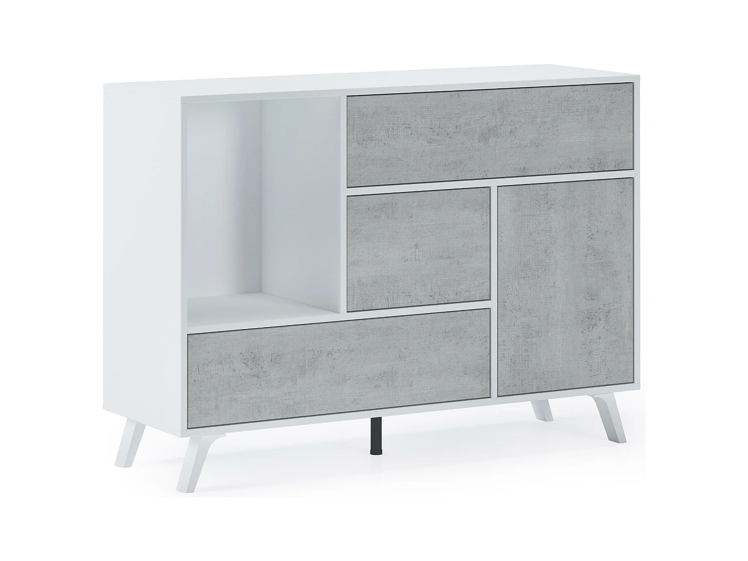 Buffet WIND 1 porte, 3 tiroirs, structure couleur BLANC MAT, porte et tiroirs couleur CIMENT 120x40x86cm.