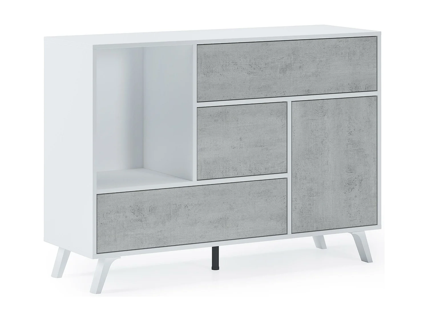 Buffet WIND 1 porte, 3 tiroirs, structure couleur BLANC MAT, porte et tiroirs couleur CIMENT 120x40x86cm.