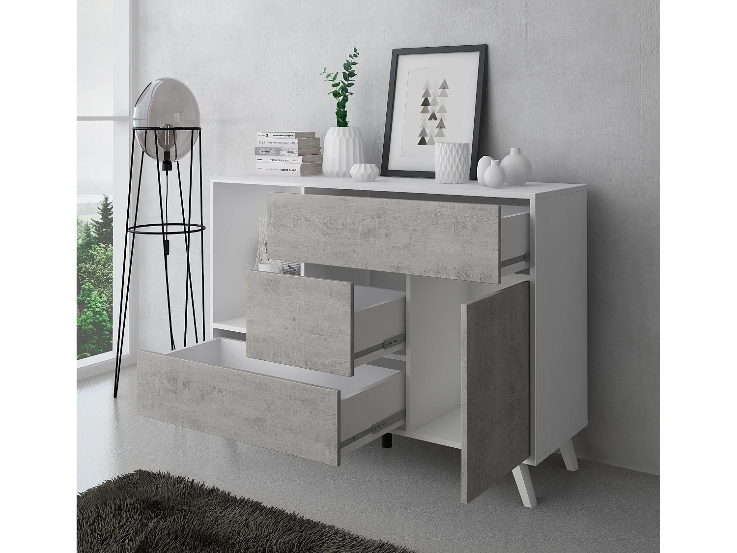 Buffet WIND 1 porte, 3 tiroirs, structure couleur BLANC MAT, porte et tiroirs couleur CIMENT 120x40x86cm.