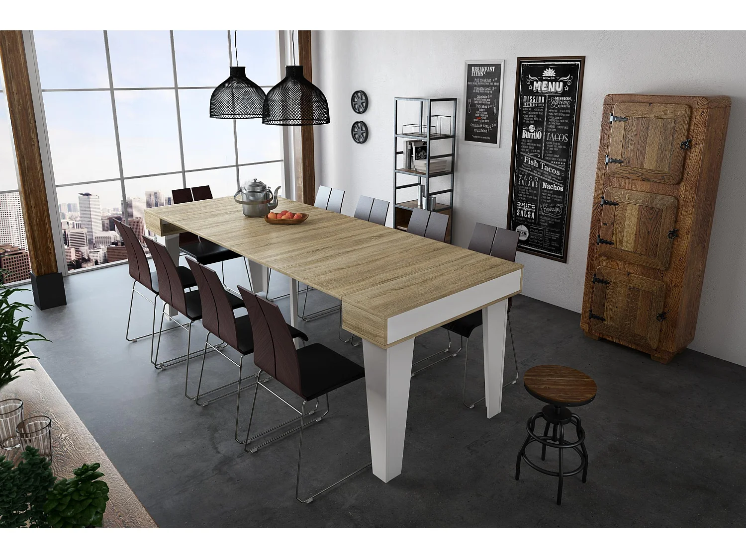 Table Console extensible+rallonges,Nordic KL max 237cm,Blanc Mat-Chene brosse