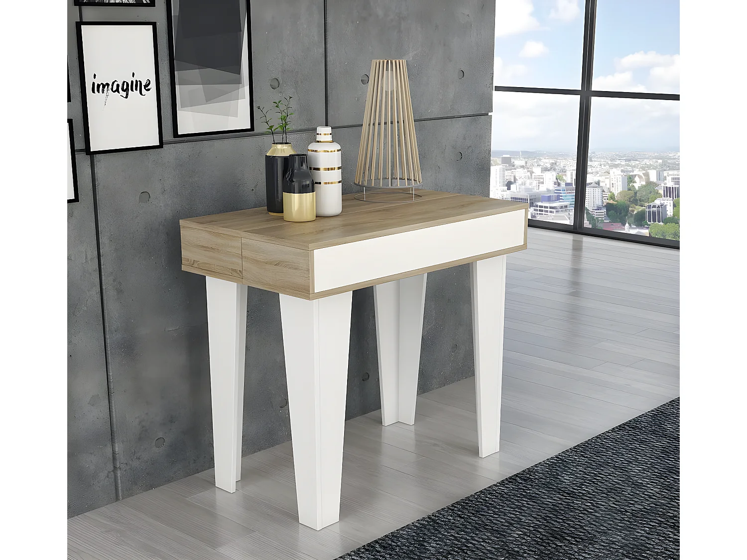 Table Console extensible+rallonges,Nordic KL max 237cm,Blanc Mat-Chene brosse