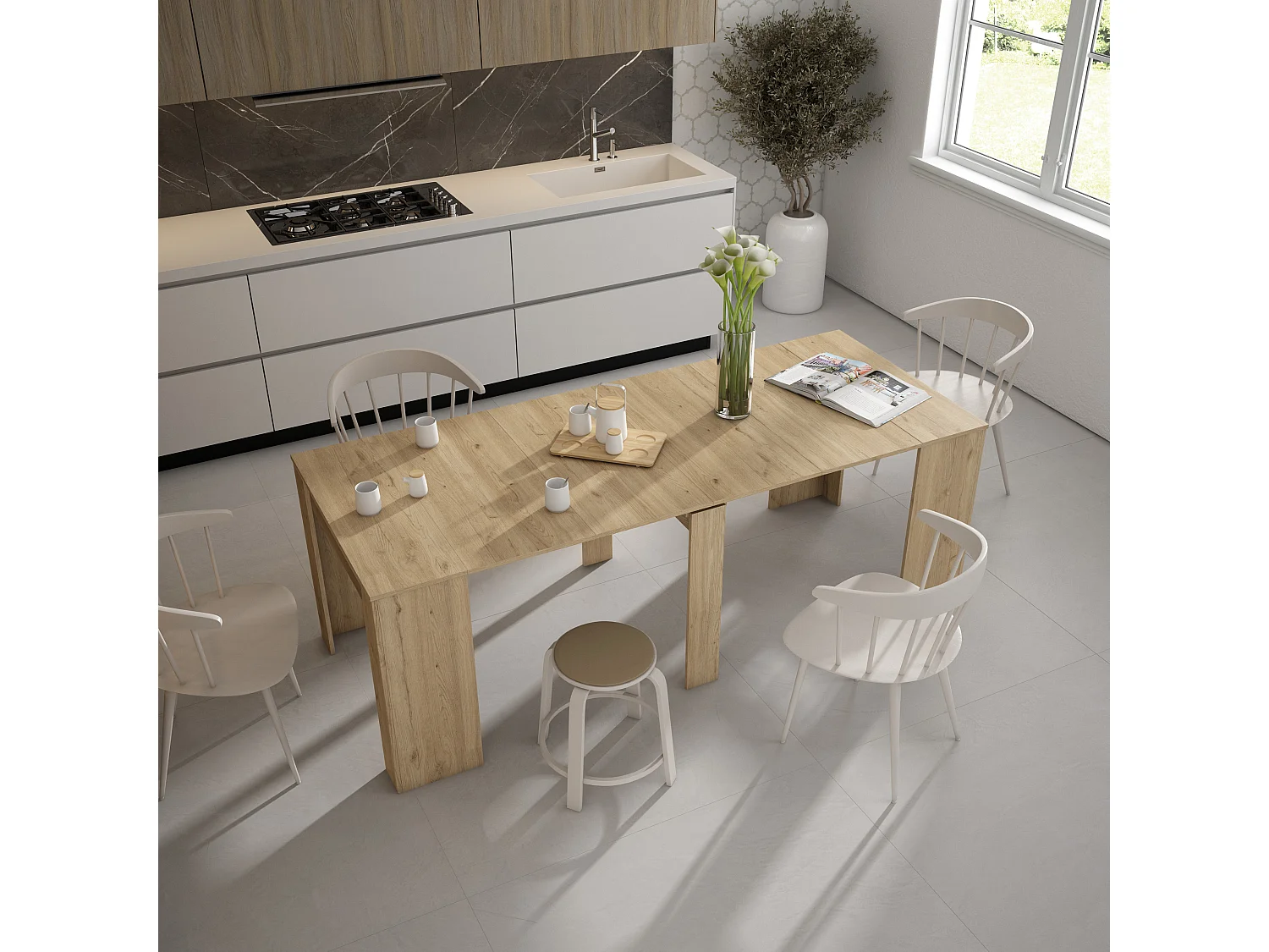 Uitschuifbare Consoletafel, 222x90x77cm, Voor 10 personen, Tafel, Eiken
