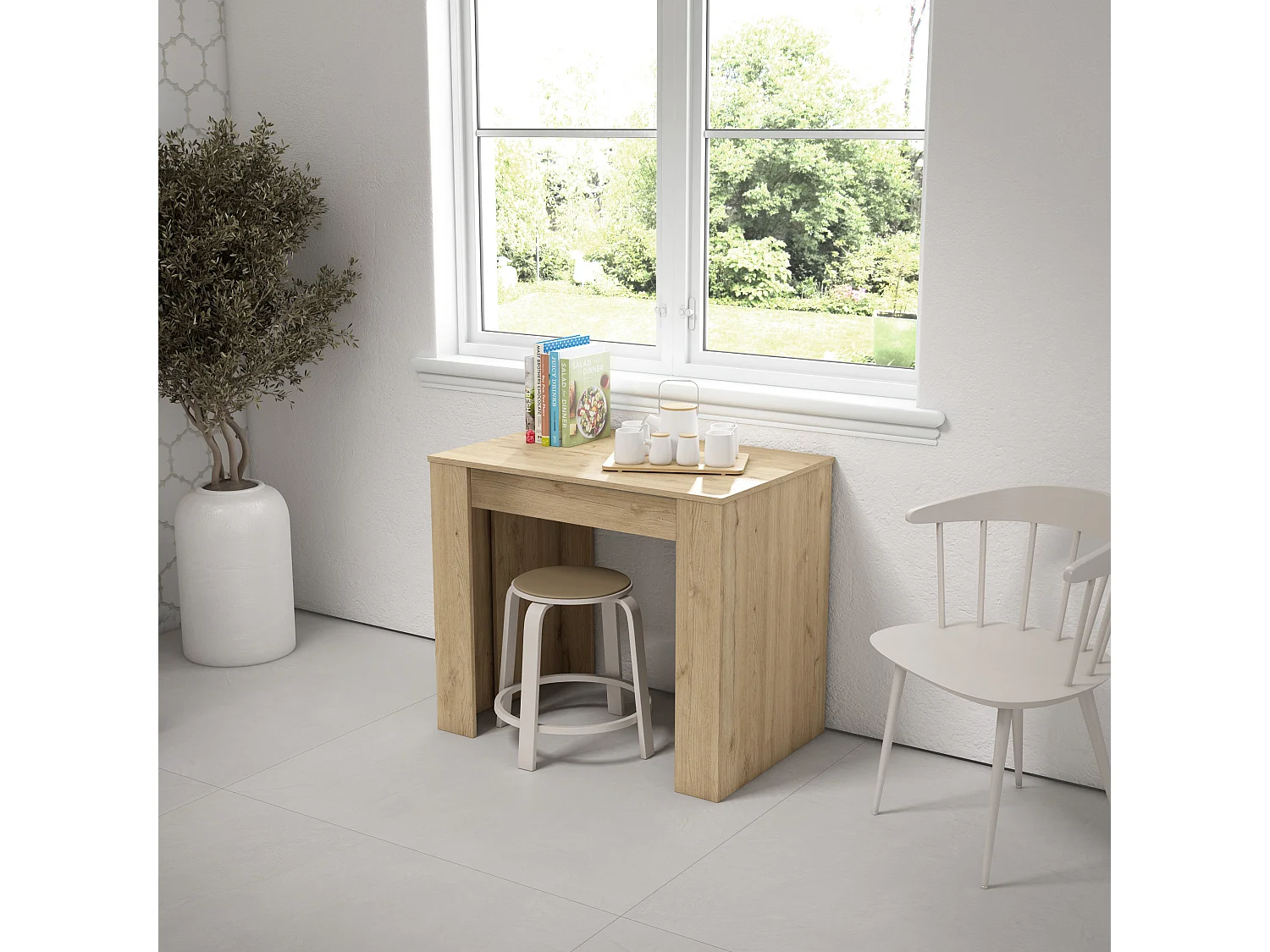 Table console extensible, 222x90x77cm, Pour 10 personnes, Chêne clair