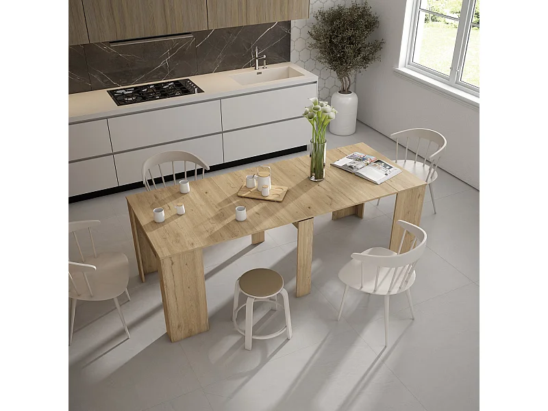 Table console extensible, 222x90x77cm, Pour 10 personnes, Chêne clair