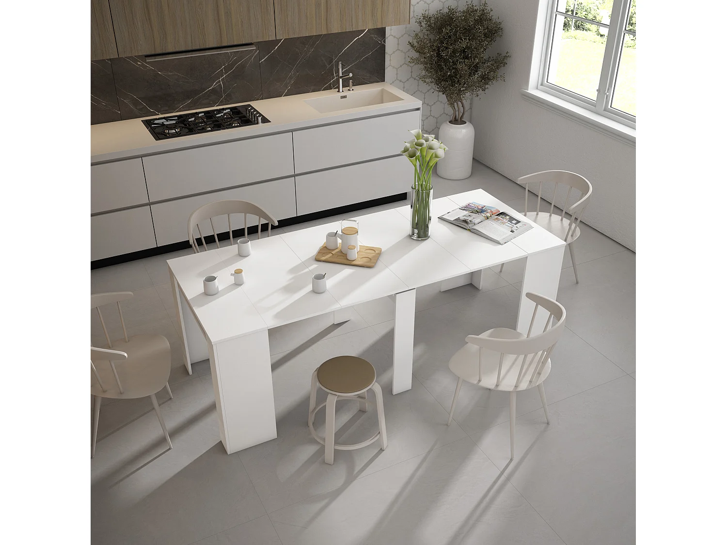Mesa Consola extensible, 222x90x77cm, Para 10 comensales, Comedor y cocina, Blanco