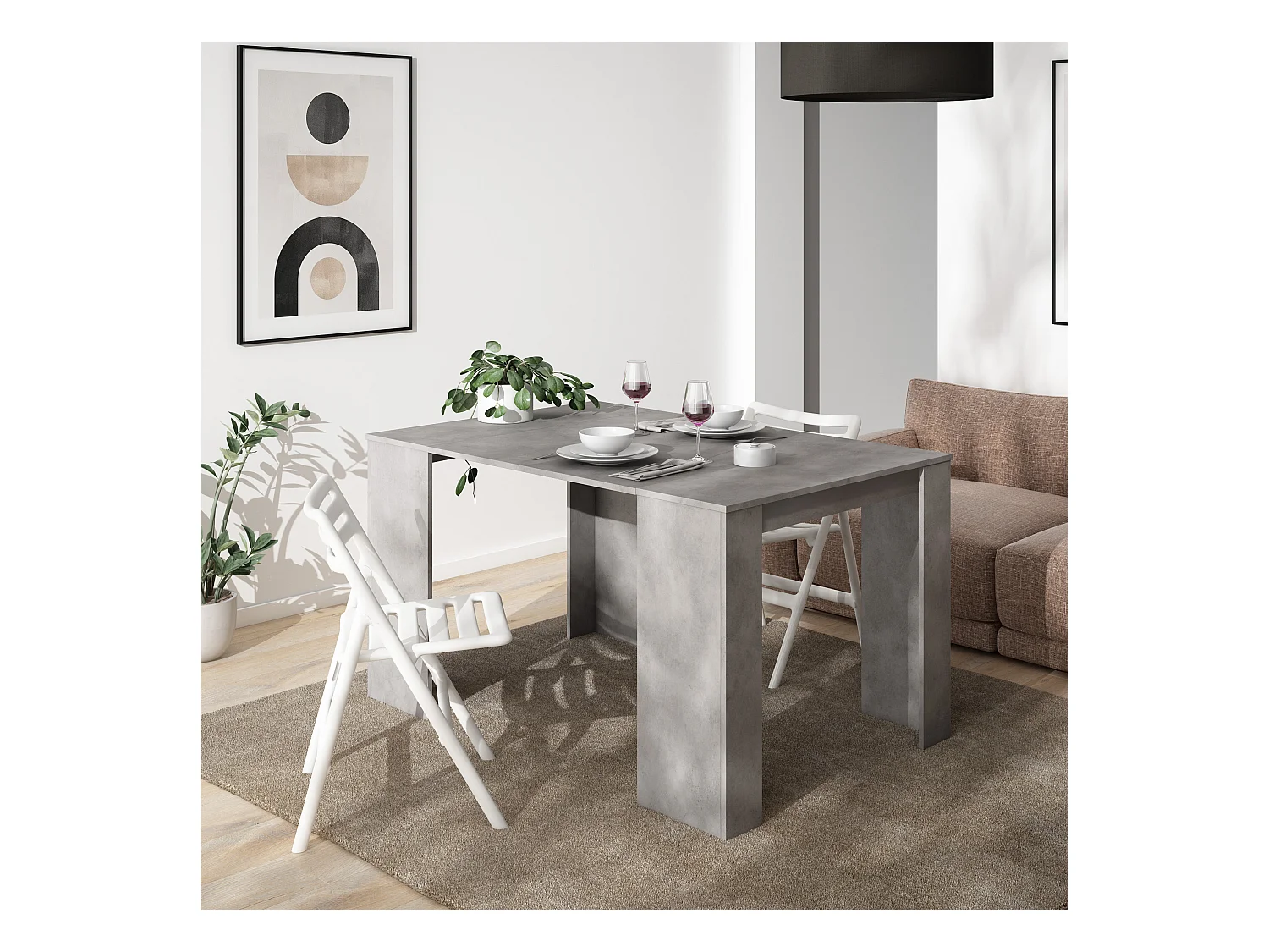 Table console extensible, 140x90x77cm, Pour 6 personnes, Table à Manger, Ciment