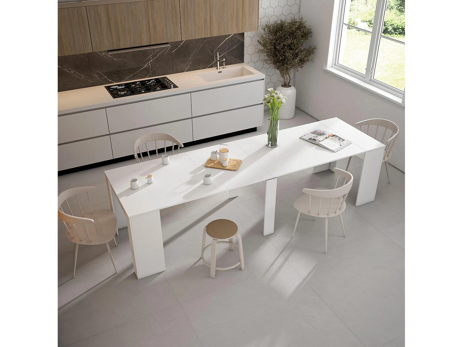 Uitschuifbare Consoletafel, 302x90x77cm, Voor 14 personen, Tafel, Wit