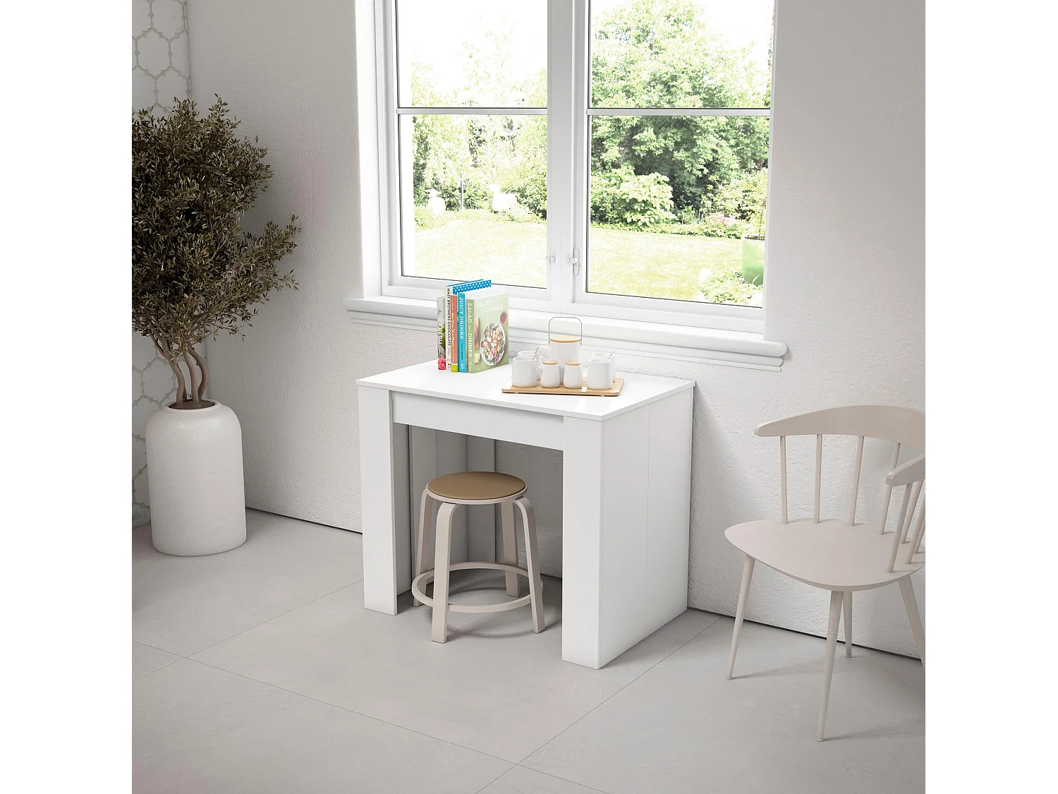 Uitschuifbare Consoletafel, 302x90x77cm, Voor 14 personen, Tafel, Wit