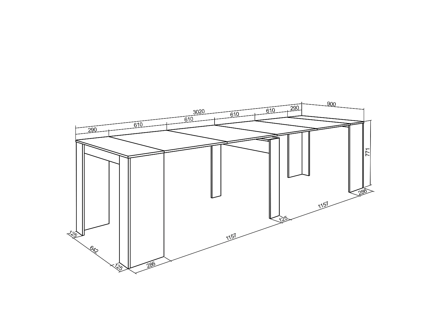 Uitschuifbare Consoletafel, 302x90x77cm, Voor 14 personen, Tafel, Wit