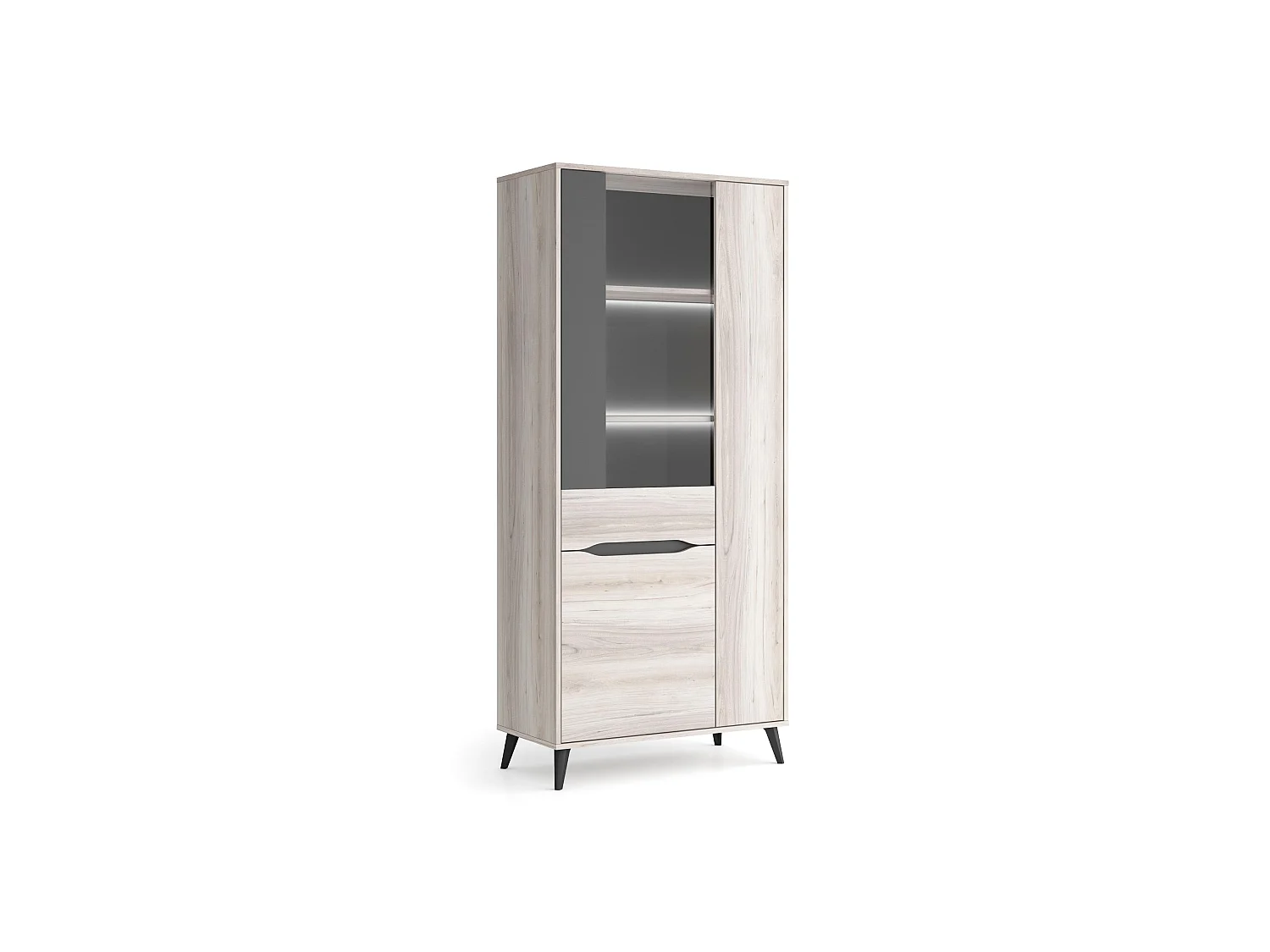 Vitrine 3 portes, Ilumination LED inclus, Couleur Chêne, Gris.   83.4x40x185cm