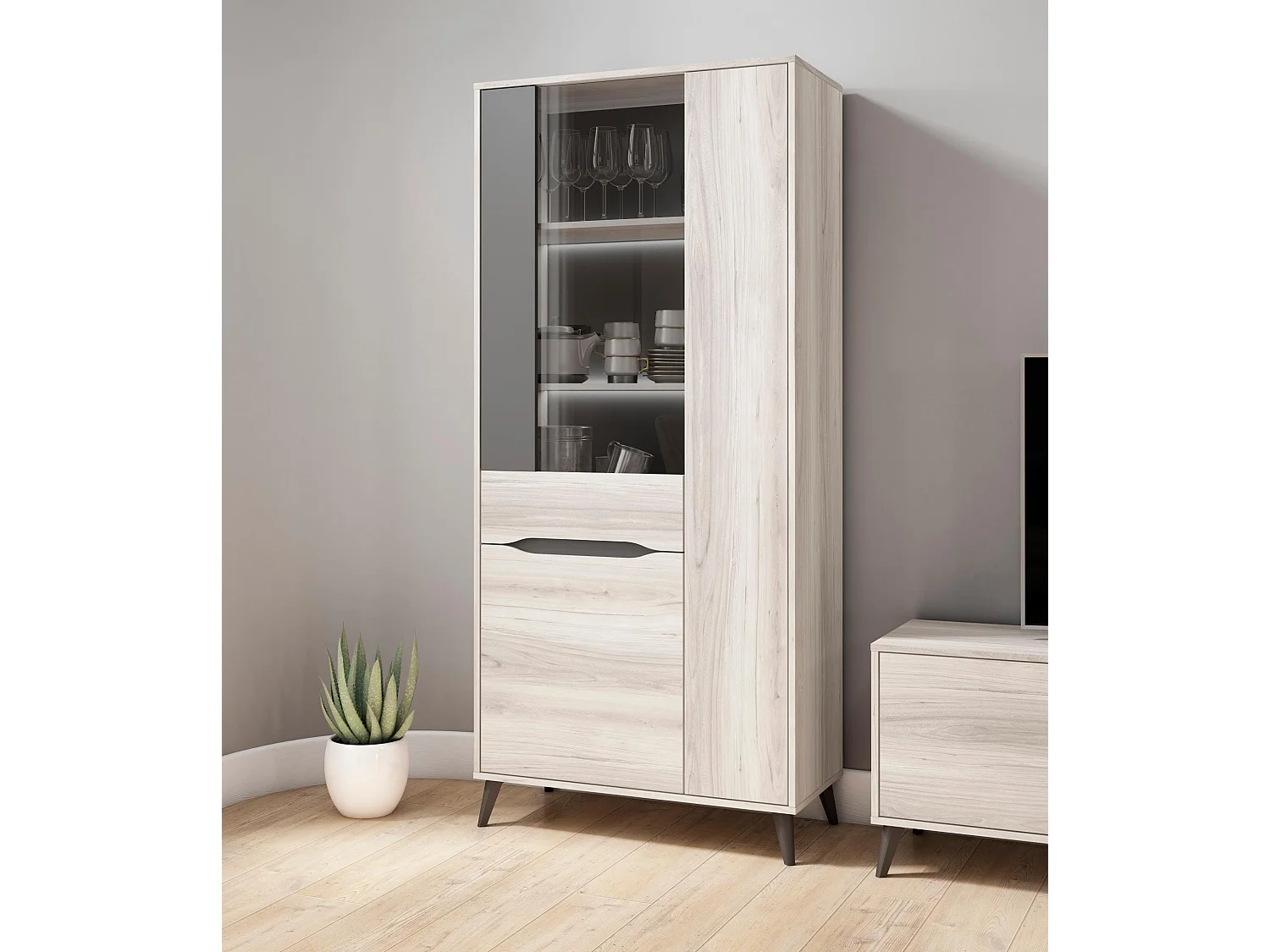 Vitrine 3 portes, Ilumination LED inclus, Couleur Chêne, Gris.   83.4x40x185cm