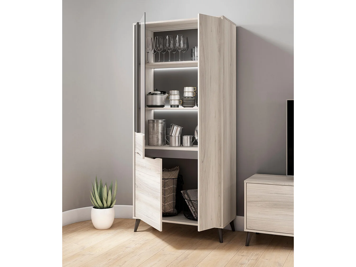 Vitrine 3 portes, Ilumination LED inclus, Couleur Chêne, Gris.   83.4x40x185cm