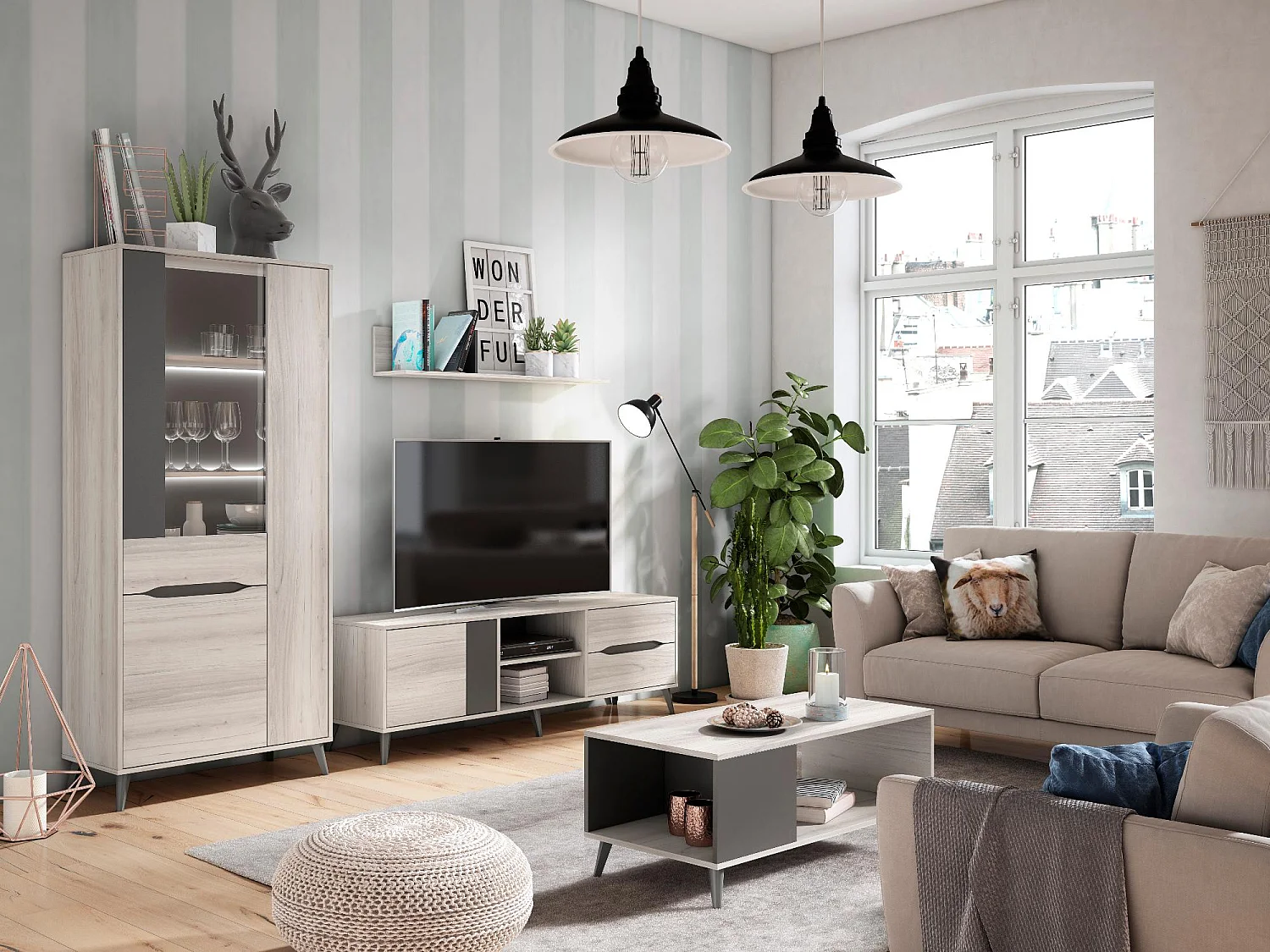 Vitrine 3 portes, Ilumination LED inclus, Couleur Chêne, Gris.   83.4x40x185cm