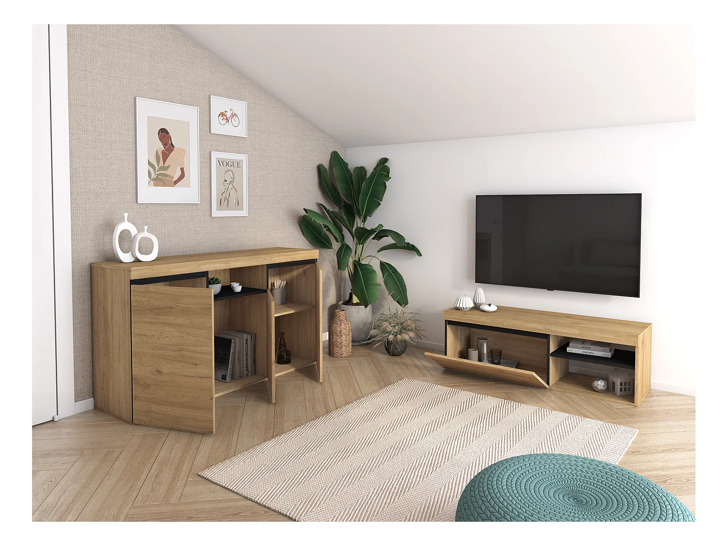 Set Naturale salle à manger, meuble auxilier, buffet-meuble TV 120cm chêne noir