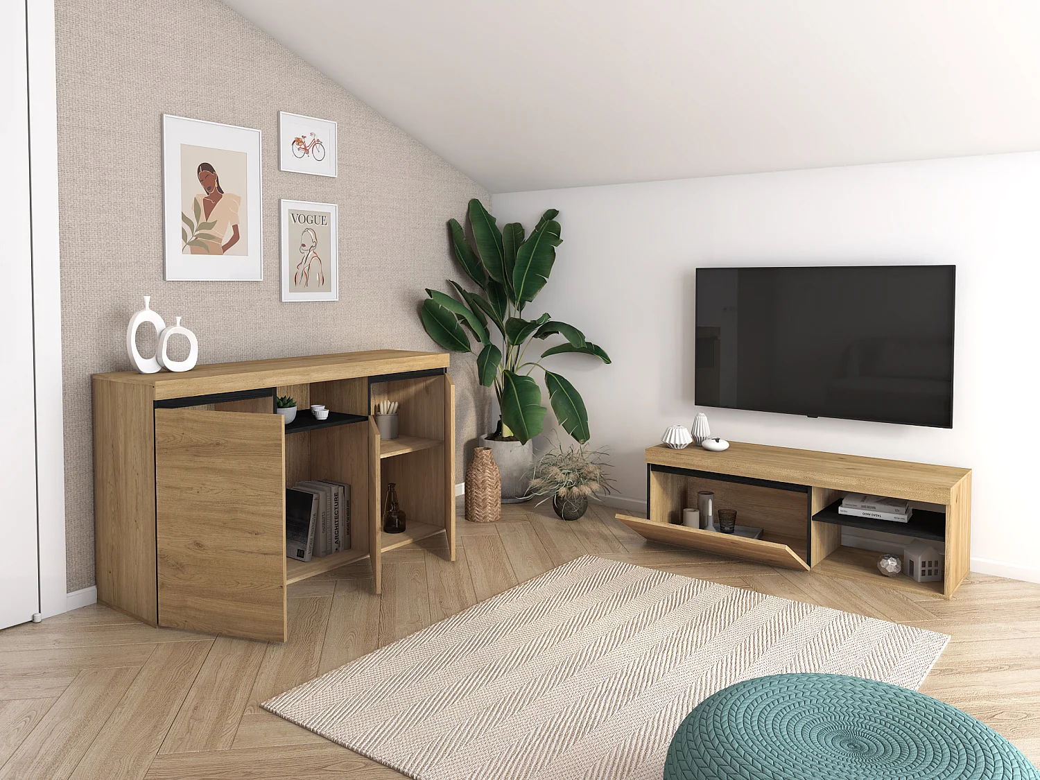 Set Naturale salle à manger, meuble auxilier, buffet-meuble TV 120cm chêne noir