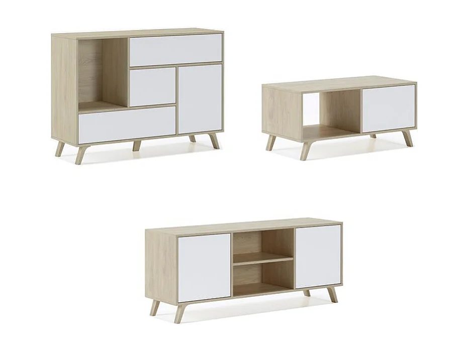 Ensemble/Set Wind, Salon, Salle à manger, Buffet, chêne/Blanc buffet-meuble TV-Table basse