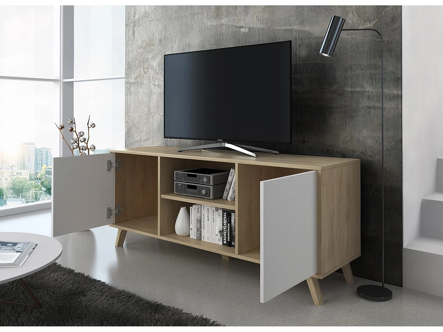 Ensemble/Set Wind, Salon, Salle à manger, Buffet, chêne/Blanc buffet-meuble TV-Table basse