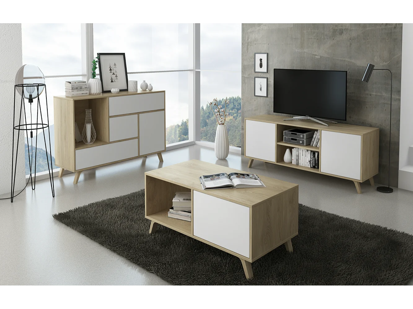 Ensemble/Set Wind, Salon, Salle à manger, Buffet, chêne/Blanc buffet-meuble TV-Table basse