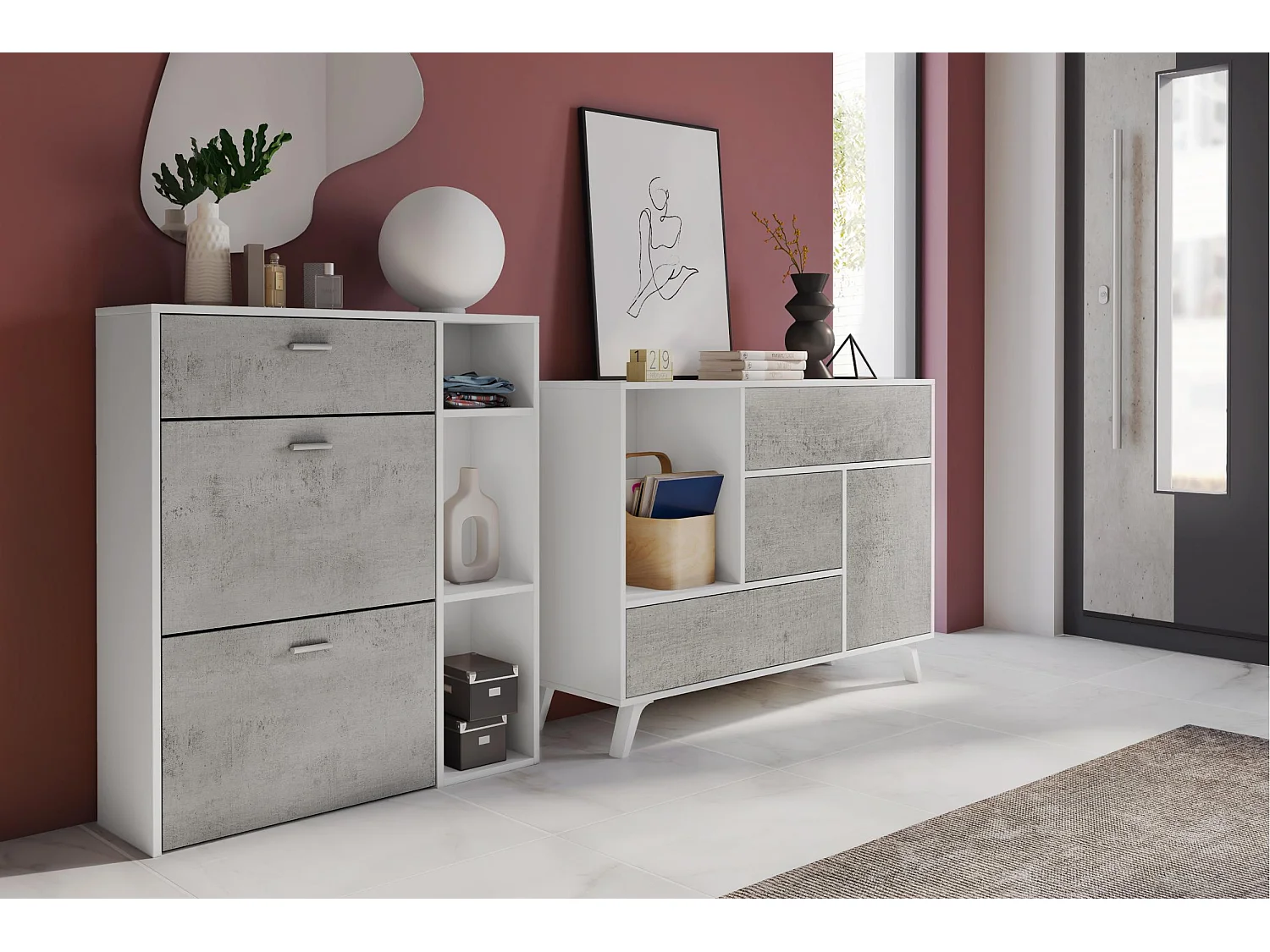 Eingangs-Set, Wohnzimmer, Beistellmöbel, Weiß/Zement Buffet- Schuhschrank