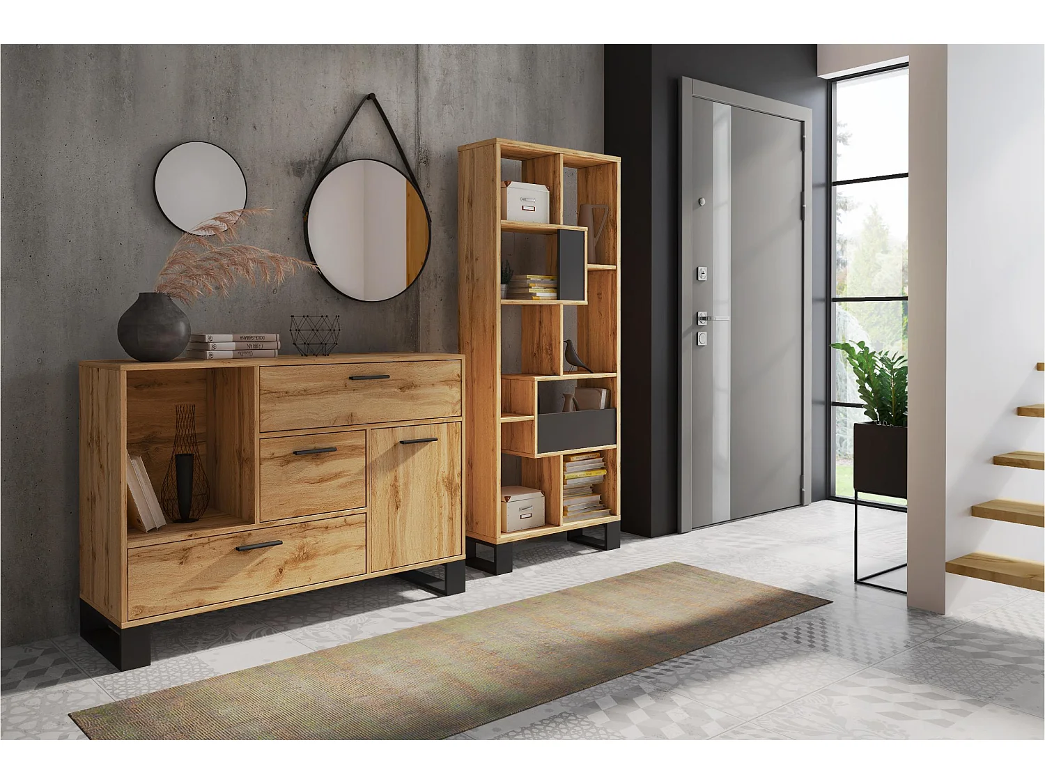 Set Hall entrée Loft-Rustique-buffet-Étagère-salle à manger-meuble auxilier-chêne rustique