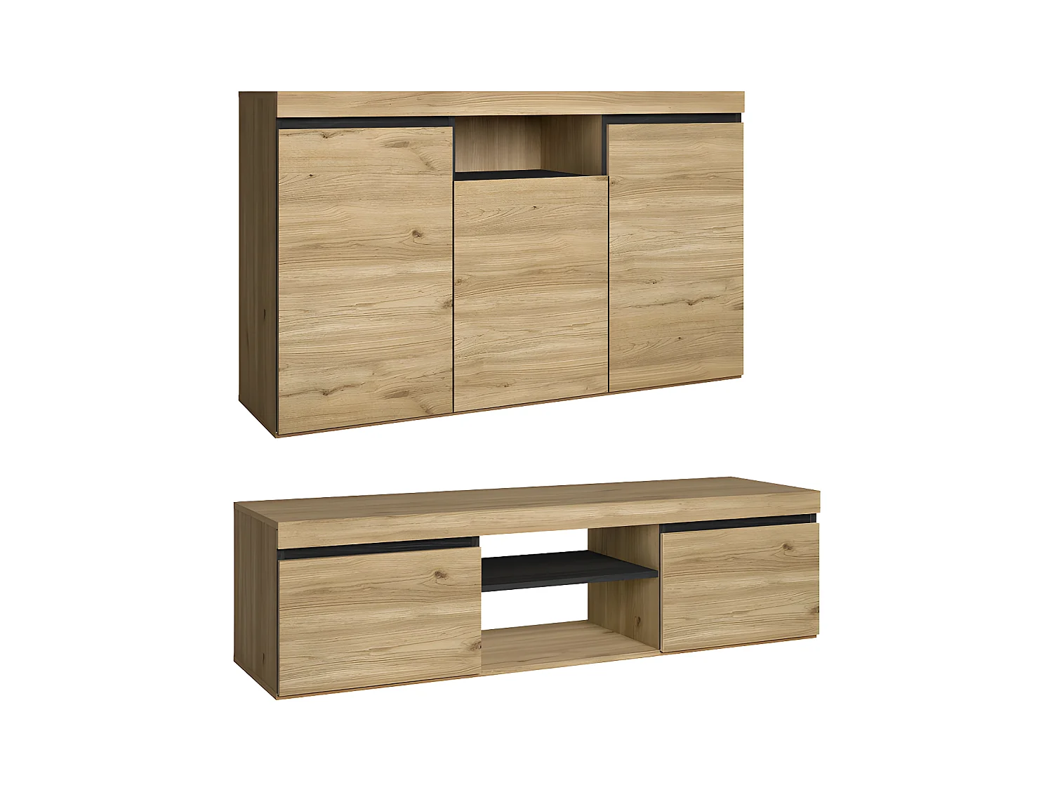 Set Naturale woonkamer eetkamer, bijzetmeubelen, buffet-TV-meubel 140cm zwart eik