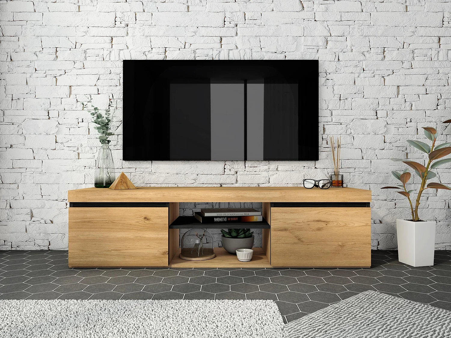 Set Naturale salle à manger, meuble auxiliaire, buffet-meuble TV 140cm chêne noir
