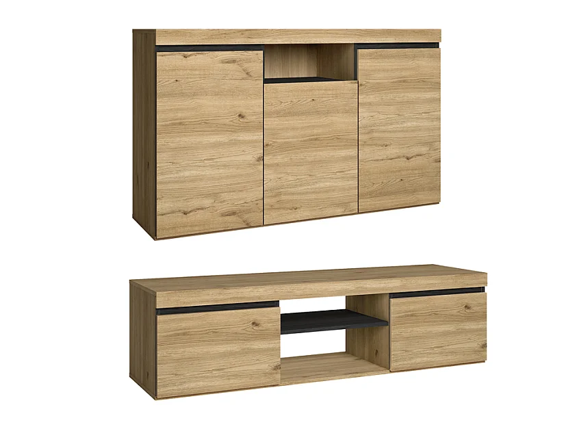 Set Naturale salle à manger, meuble auxiliaire, buffet-meuble TV 140cm chêne noir