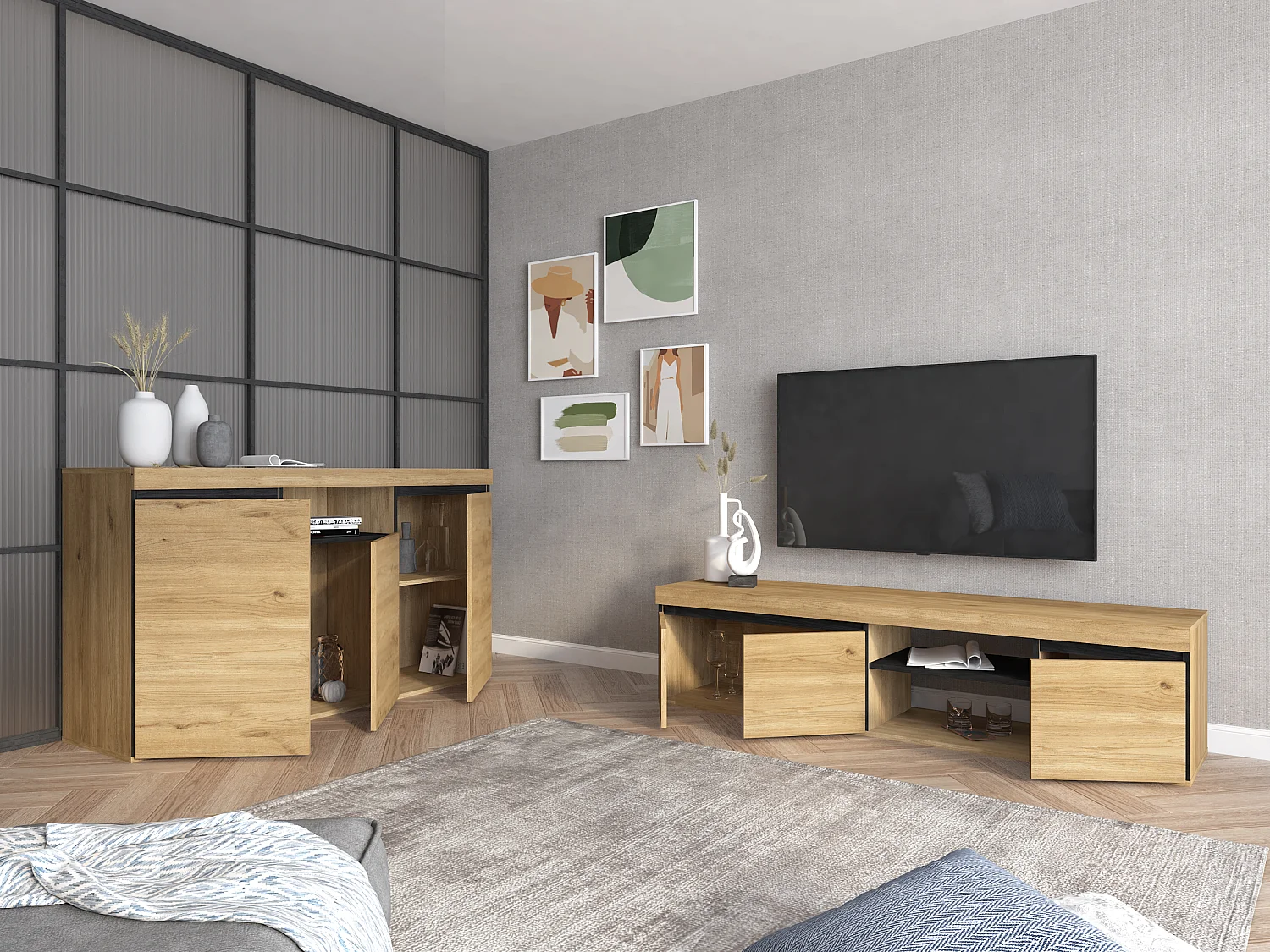 Set Naturale Wohnzimmer Esszimmer, Beistellmöbel, Buffet-TV-Schrank 160cm Eiche schwarz nordische